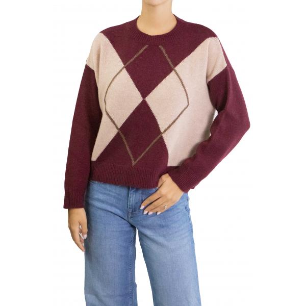 Maglione con rombi bicolore girocollo misto cashmere